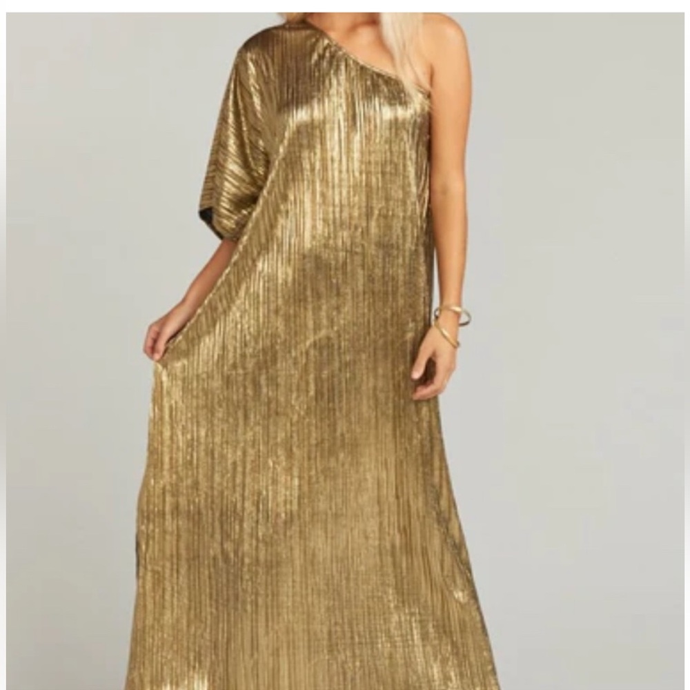 SHOW ME YOUR MUMU GOLD TROPEZ ONE SHOULDER DRESS. SMALL
